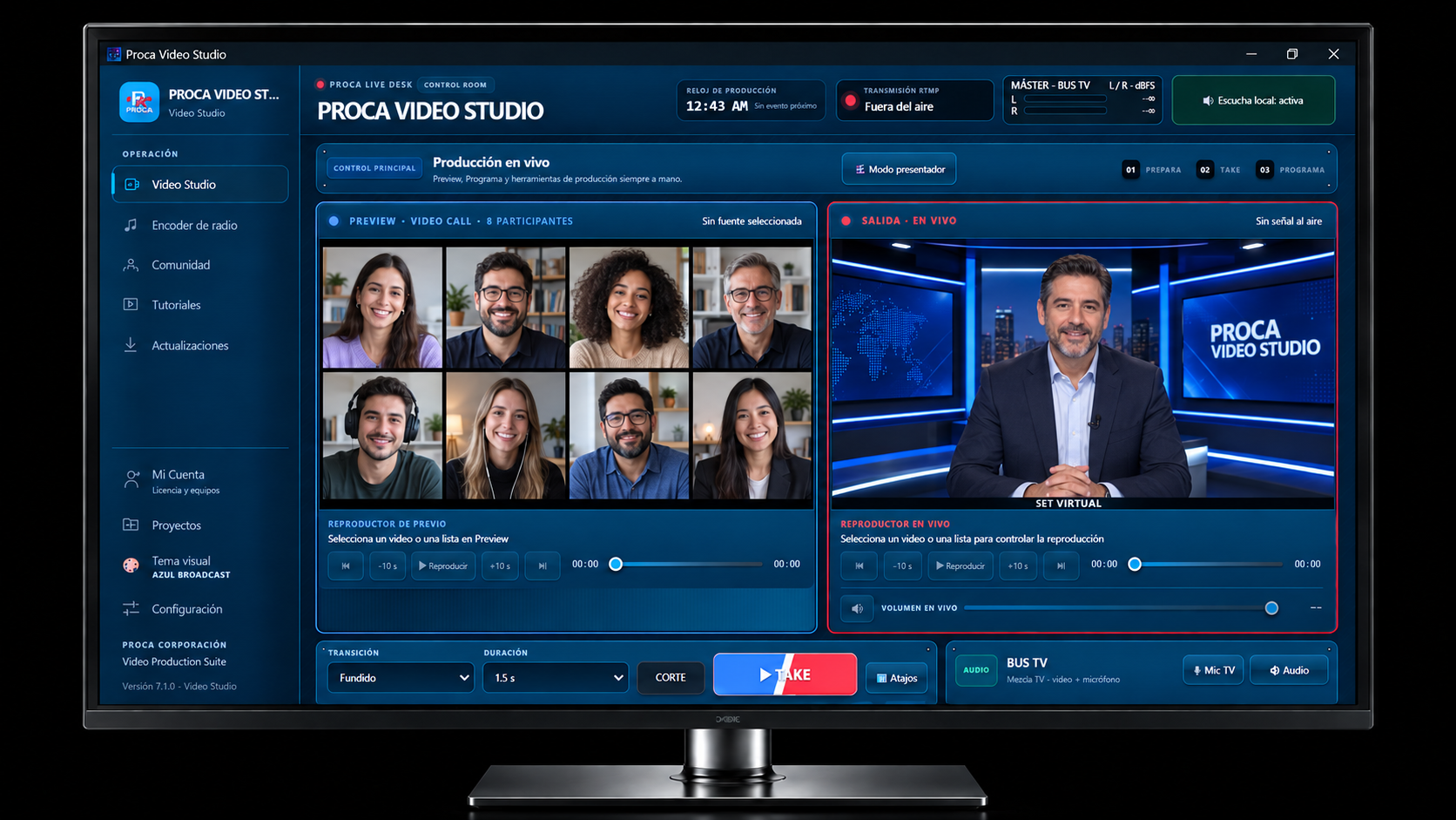 Interfaz real de Proca Video Studio con sus controles de producción